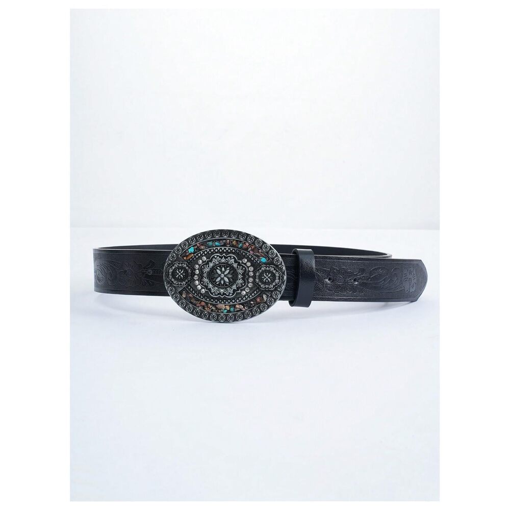 9895 Women's Rhinestone Buckle Belt Floral Embossed Turquoise Leather - Picture 4 of 5